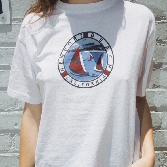 John Galt Brandy Melville White Newport Beach California Graphic Tee One Size - Picture 1 of 10